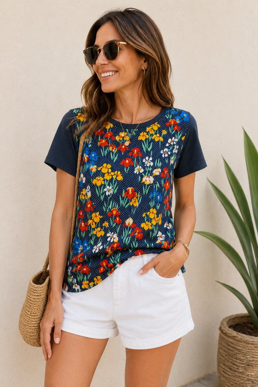 Tory Burch Blue Linen & Silk Floral Iris Polka Dot Print  Top Women's M Casual